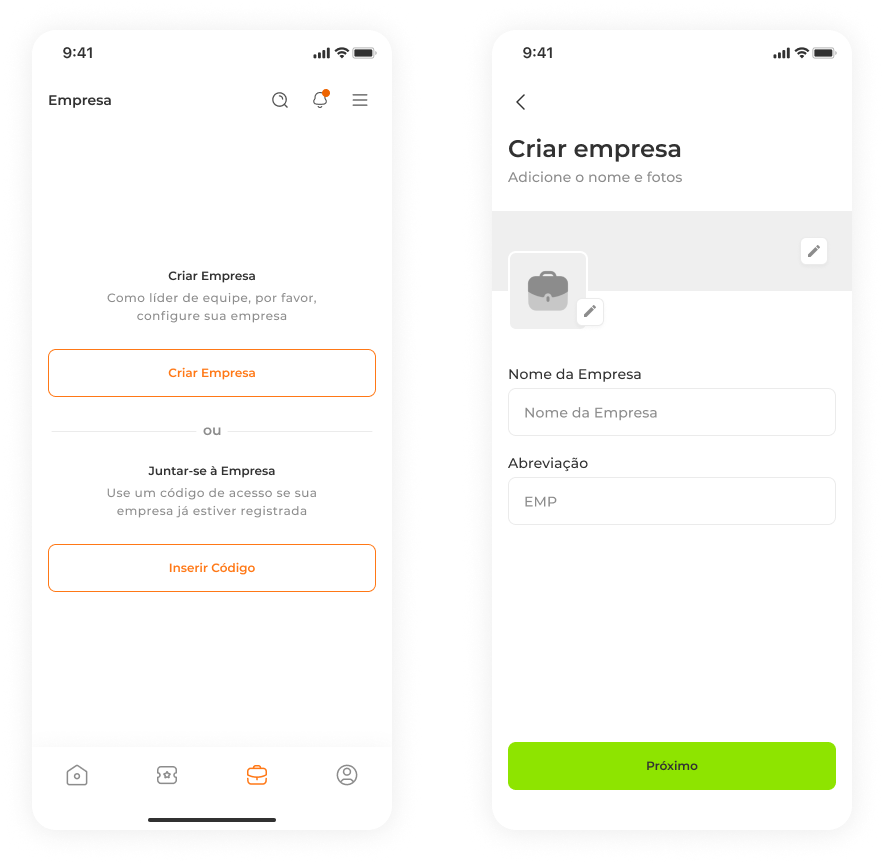 Print da tela de criação de empresa no app